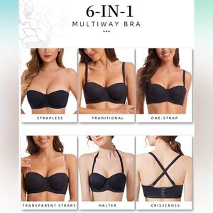 NWT Women's 6-in-1 Plus Size Strapless Bras Push Up Multiway Bras (Black, 42F)